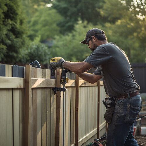 Contractor installs wood fence.